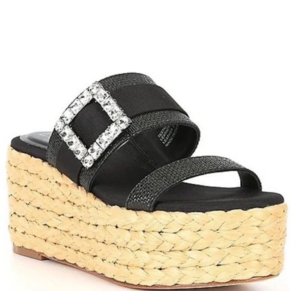 Deltan Collins Raffia Embellished Buckle Platform Slide Sandals Womens 8.5‎
